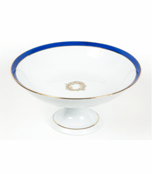 Porcelain fruit bowl with blue border & gold wreath